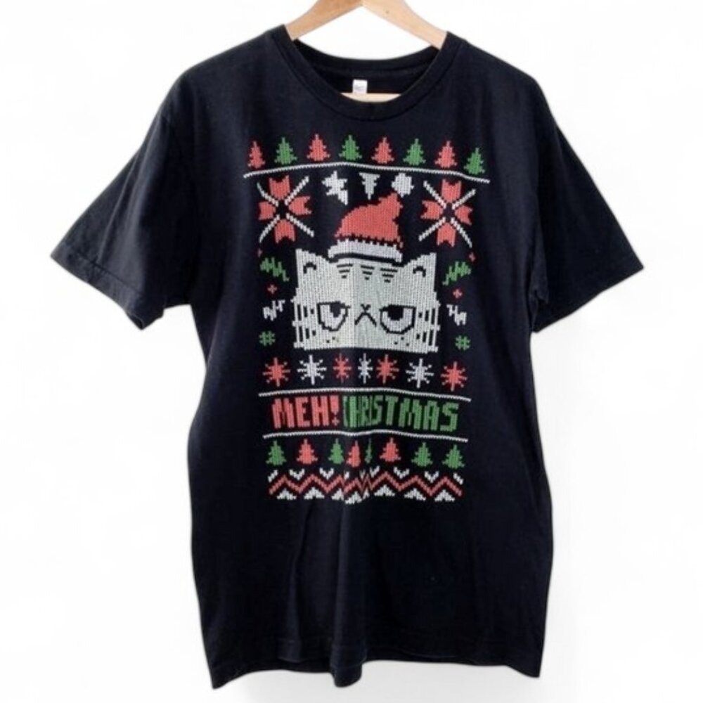 Grumpy Cat Meh Christmas Pixelated Ugly Christmas Shirt‎ Women's Holiday Party L